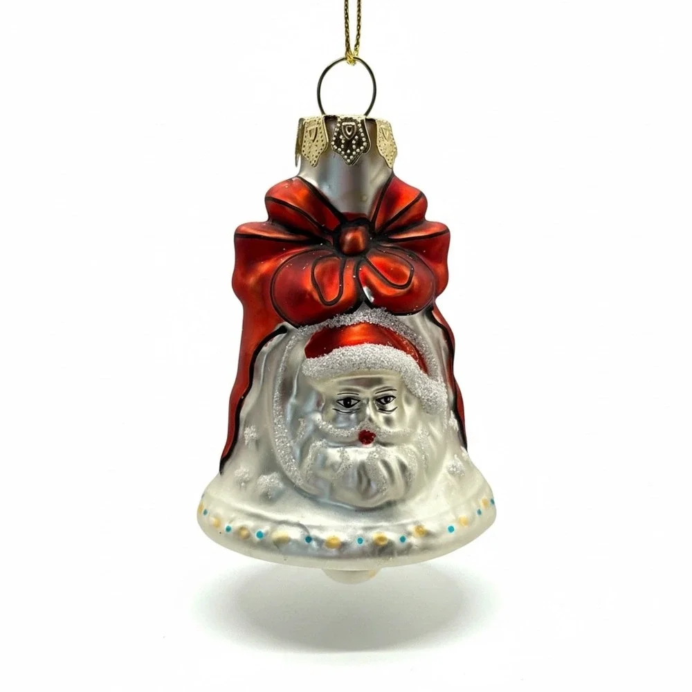 Vintage Hand Blown Mercury Glass Santa Bell Ornament Merry Christmas Glitter